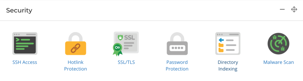 Screenshot showing Deep South Digital Hosting Control Panel Options for Managing Website Security, Content Delivery Network (CDN) and Malware Scanning